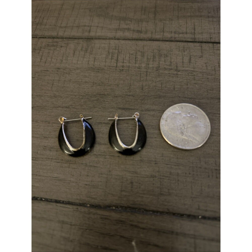 Small Black Enamel Hoop Earrings On Silver Frame